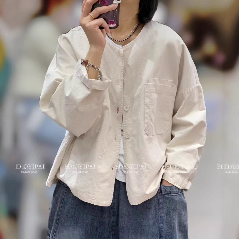 2025秋季韩版宽松时尚简约贴布大口袋圆领外套百搭休闲上衣女3790|undefined