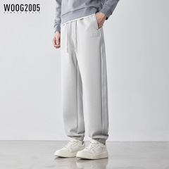 WOOG2005灰色直筒系带弹力休闲男2025春秋季新款宽松运动束脚裤子