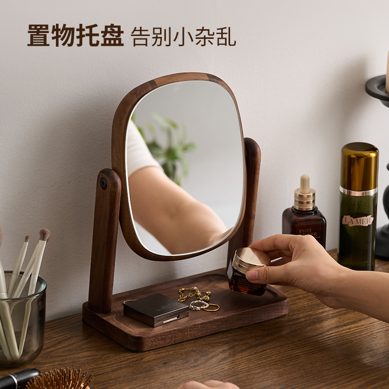 梳妆台化妆镜胡桃木质镜子边框桌面实木中古风可旋转道具高清化妆|undefined