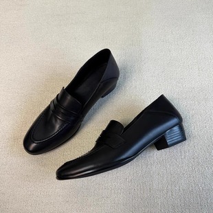 Cowhide Edition ~ Slim Retro Style Loafers Joker Single-layer Shoes Women's Slip-on Simple Style Thick Heel Round-toe Small Leather Shoes