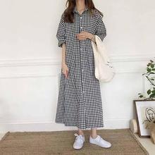 韩国格子衬衫连衣裙女2025春夏短袖棉麻超长款过膝宽松洋气衬衣