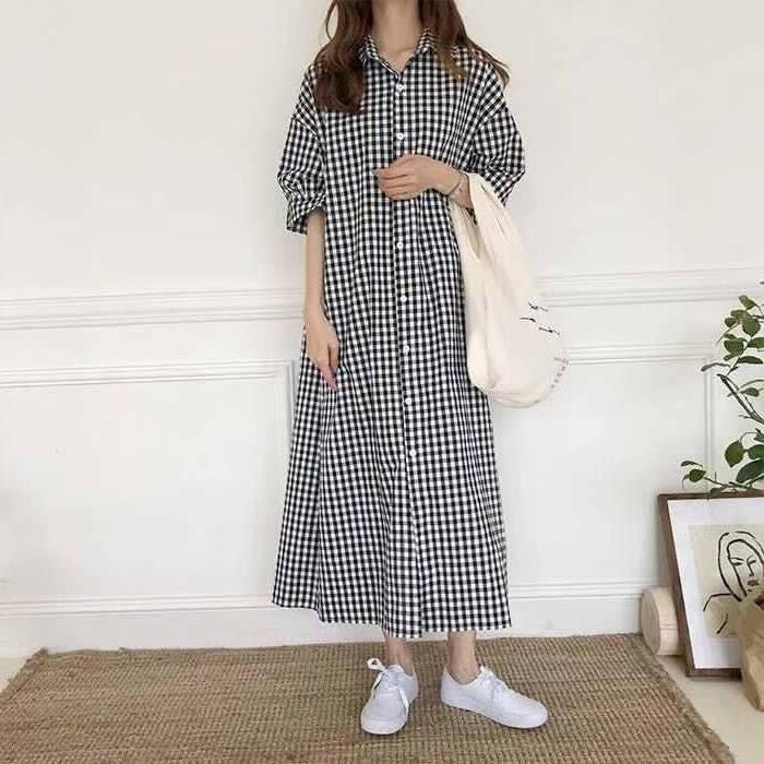 Korean Plaid Shirt Dress for Women 2022 Spring and Summer Short-Sleeved Cotton and Linen Extra-Long Over-The-Knee Shirt Street Fashion