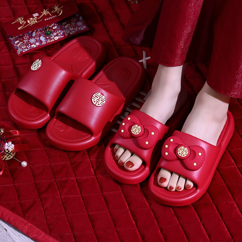 Свадебные тапочки, праздничные красные, на толстой подошве, нескользящие для ванной, для купания, для мужа и жены, летние домашние тапочки для пары
