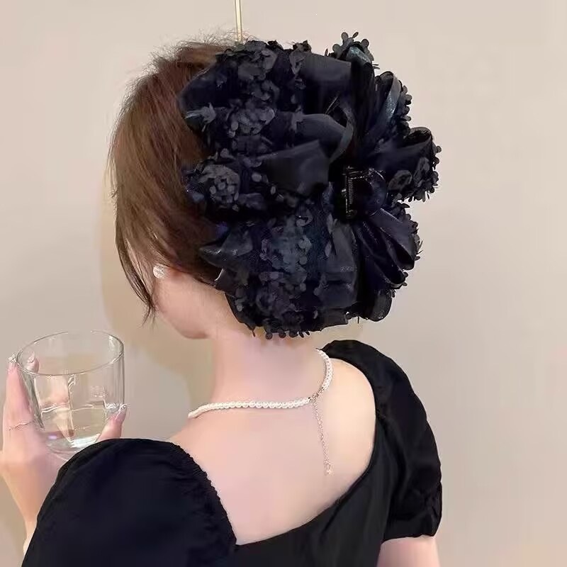 Satín de alta sensación, arco negro grande, clip de tiburón, toque de cabeza, clip de nube, clip de agarre, clip de cabello, tarjeta de cabello de mujer