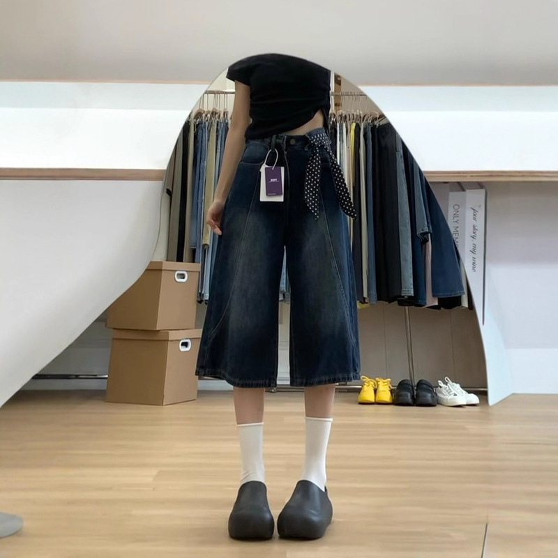 Dark Blue Wide-Leg Cropped Jeans for Women, Summer 2025 New Style, Petite, Slimming, Loose Design, Straight Mid-Length Pants