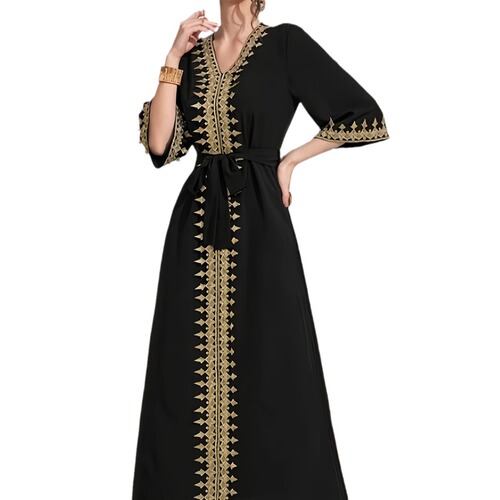 Bestselling Heavy Duty Gold Thread Embroidered Edge Elegant Black Belt Long Dress Middle Eastern Cover-up