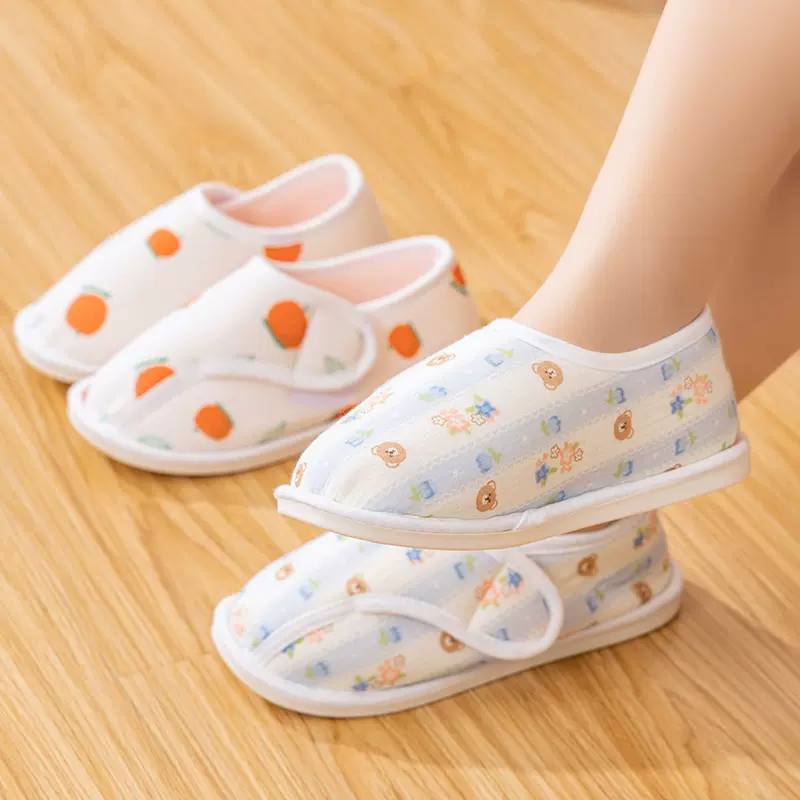 月子鞋春秋透气纱布包跟产后坐月子棉拖鞋防滑软底魔术贴孕妇鞋秋