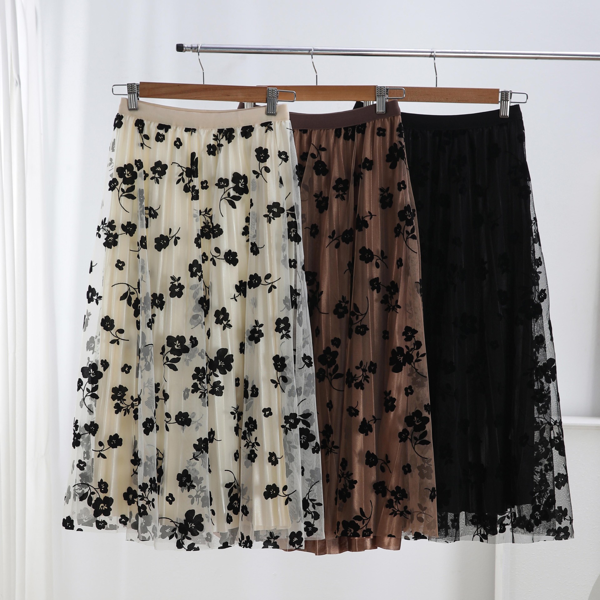 两面穿植绒网纱半身裙女显瘦中长款新款春款高腰a字裙百褶裙大摆