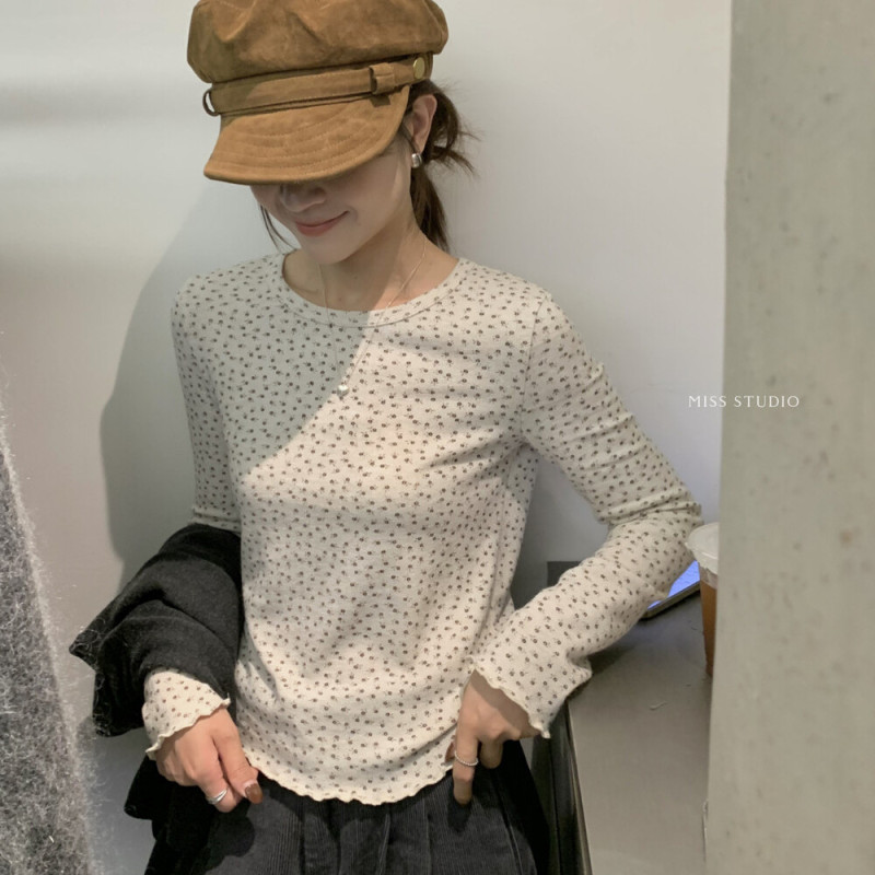 miss密思2025秋季新款韩版碎花修身显瘦圆领上衣女长袖t恤打底衫|undefined