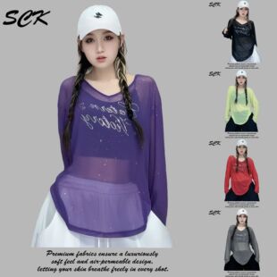 SCK trendy unique letter printed long-sleeved T-shirt women's light and slightly transparent sun protection blouse top 6027