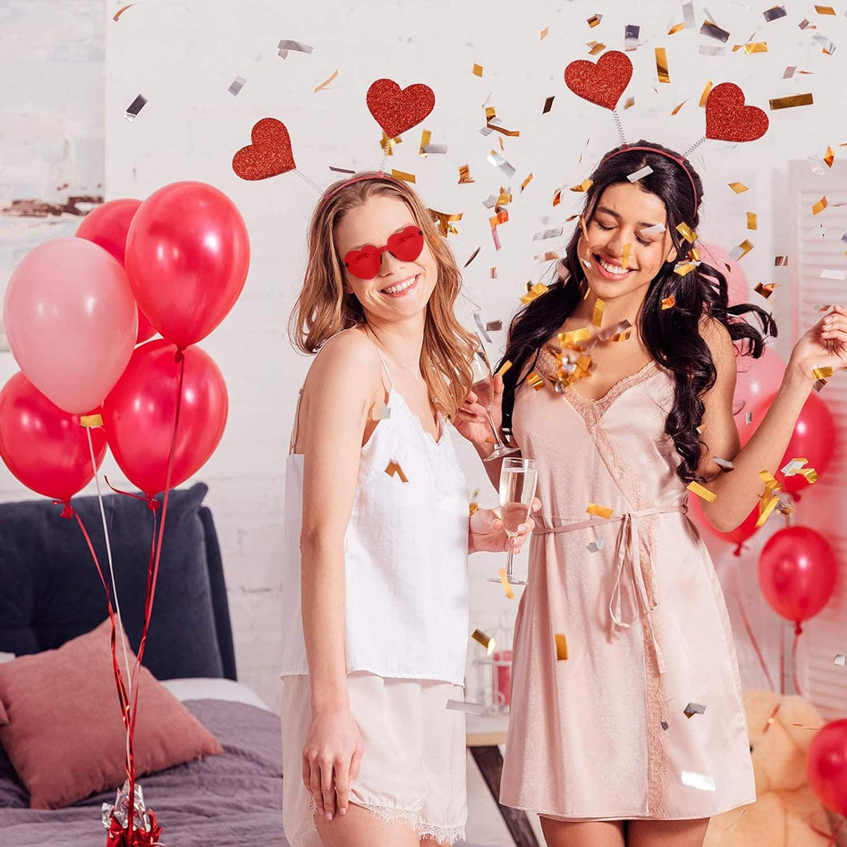 Día de San Valentín en forma de corazón diadema brillo cabeza hebilla gafas rojas en forma de corazón conjunto de dos piezas fiesta melocotón corazón lentejuelas diadema