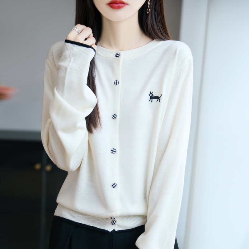 春秋新款小香风圆领针织开衫女长袖拼色刺绣小狗女装毛衣外套上衣|undefined