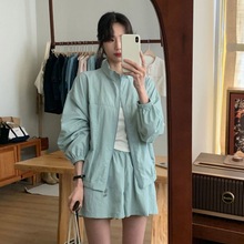 韩系休闲运动两件套装女夏季灰豆绿简约时尚防晒外套高腰短裤