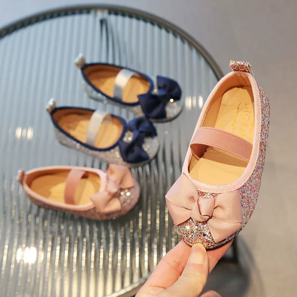 Girls' Sequined Flats 2026 Spring and Autumn Shallow Bow Breathable Princess Shoes Student Performance Shoes