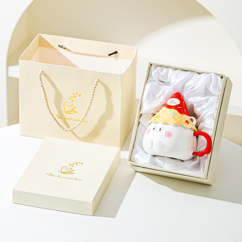 Taza de caricatura de cerámica de alta cara, taza de regalo para una amiga, taza de corazón de una niña, taza de desayuno casera