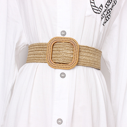 Women's summer woven PP grass decorated dress with wide belt, adjustable elastic belt, versatile women's belt