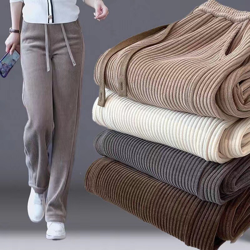 Women's Narrow Wide-Leg Pants, New Autumn and Winter Style, Fleece-Lined, Drapey, Slimming, Straight-Leg Casual Long Pants, Corduroy Trousers