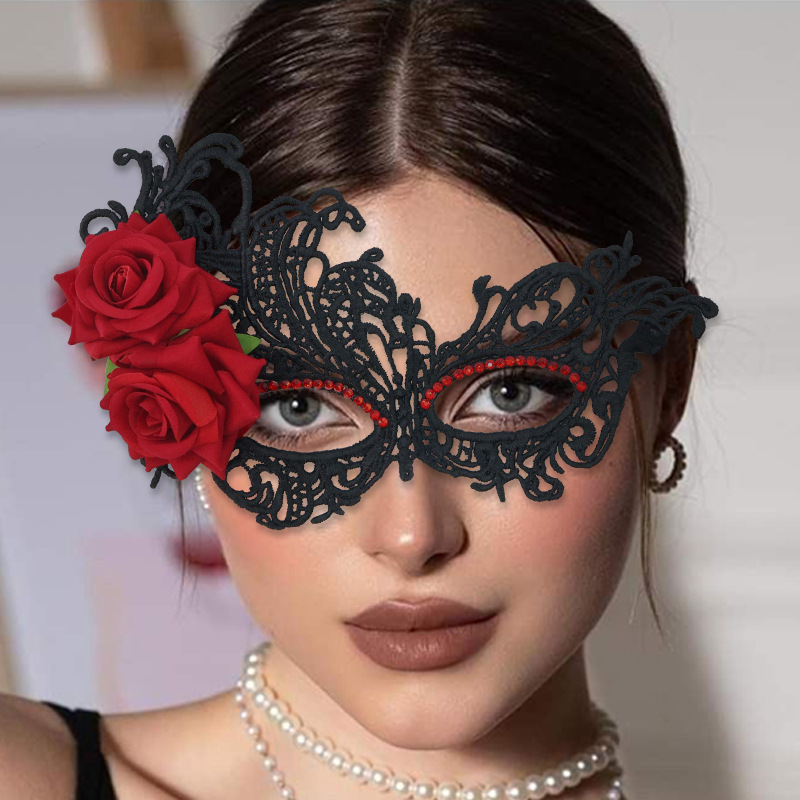Fiesta de mascarada de Venecia Máscara de encaje sexy misteriosa rosa lateral de diamantes media cara carnaval accesorios de Halloween