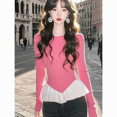 1*1人棉花邊拼接上衣打底衫春秋季新款粉色正肩修身長袖t恤女內搭