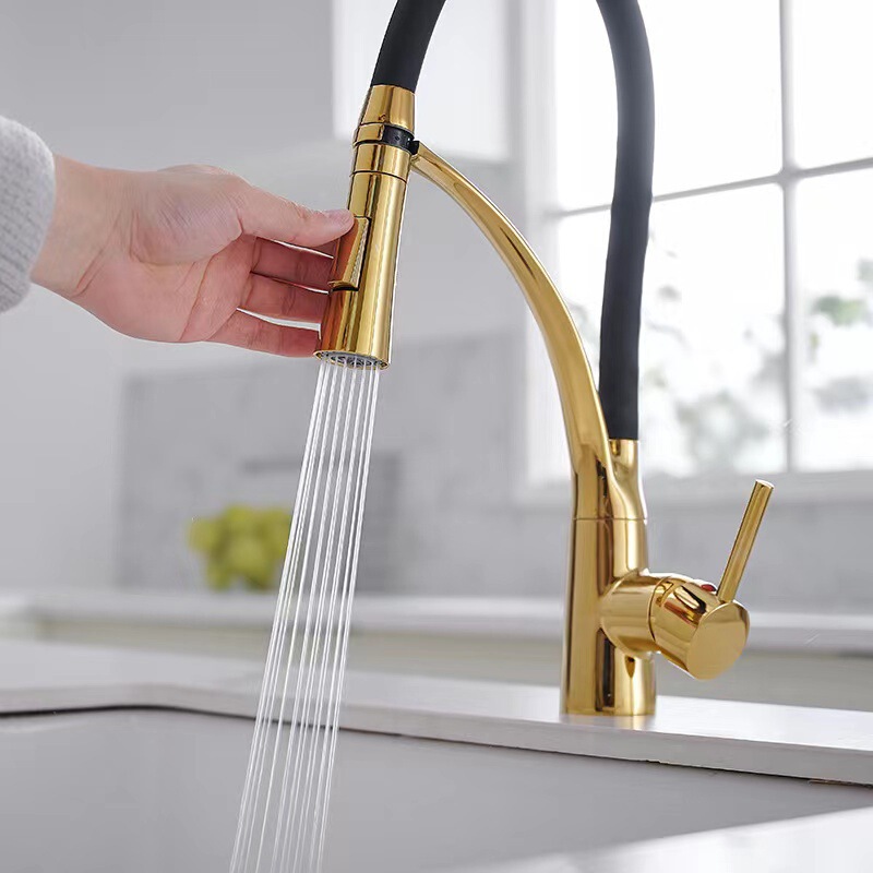 Golden silicone curved kitchen faucet hot and cold water single control mixing water single hole faucet spray head bubble water outlet
