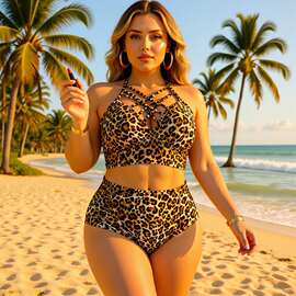 2026欧美大码胖MM比基尼运动款外贸亚马逊性感分体泳衣豹纹bikini