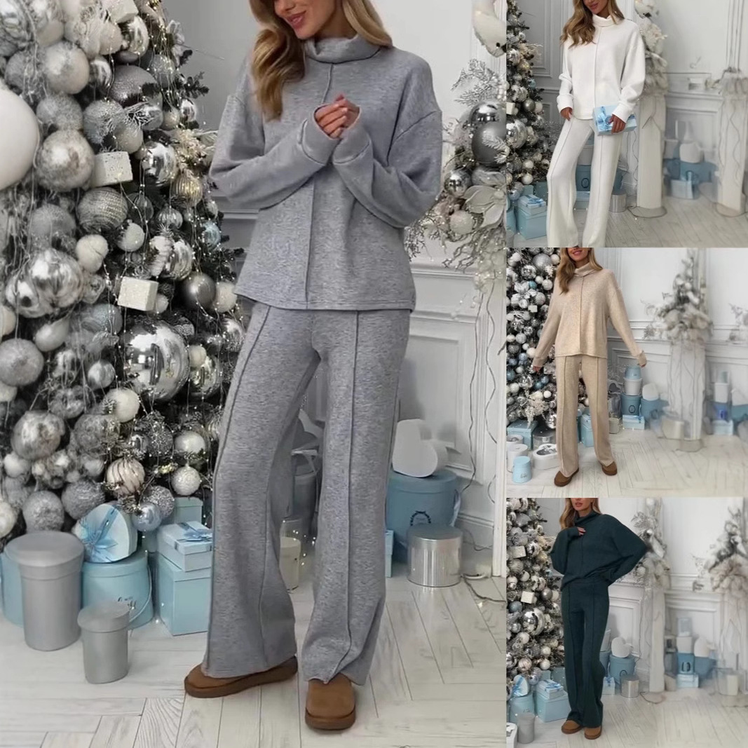 Damenbekleidung Herbst und Winter einfarbig lässig vielseitig Strickanzug hoher Kragen langärmelige Oberteile Hosen Damen_voghion.com