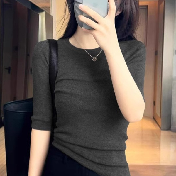 Western Style Simple Round Neck Pullover Short-Sleeved T-Shirt Women's Summer Fashion Slim Five-Quarter Sleeve Elegant Knitwear Half-Sleeved Top