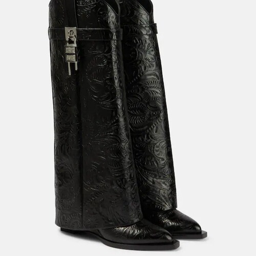 European and American style new wedge heel pointed-toe metal buckle black printed pant boot export market large size sleeve long tube women's boots