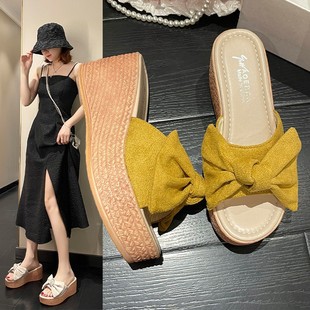 Thick-soled Sandals Wedge Heel Women's Fashionable Spring and Summer New Korean Style Slippers Outerwear Sandals Platform Bottom Bow Large Size
