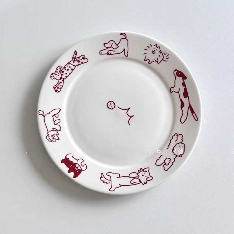 韓国に輸出レトロかわいい線画犬猫セラミックプレート 8inch 漫画デザート朝食プレートニッチビューバブル|undefined