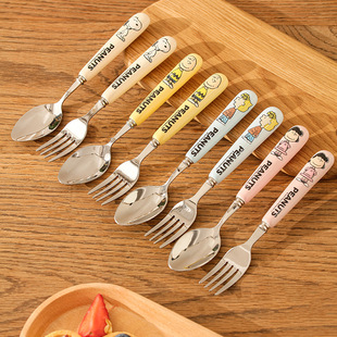 Genuine goods Snoopy stainless steel spoon ceramic handle spoon Fork Rice Children Baby tableware fork spoon fruit fork