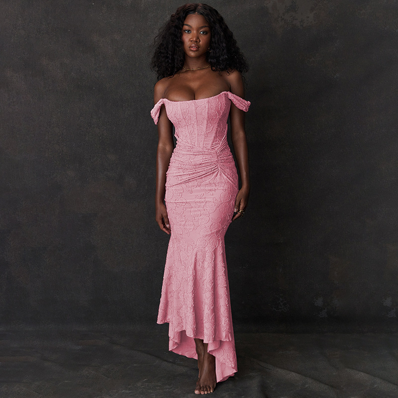 Venta caliente transfronteriza de comercio exterior de las mujeres de la moda de color sólido de encaje sexy cuello irregular vestido de noche de cola de pez vestido