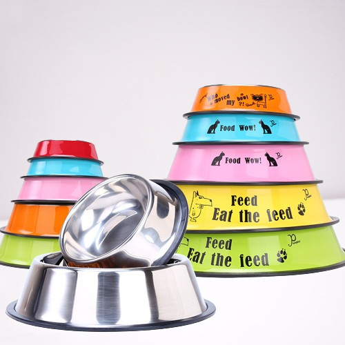 Tacos de mascotas de acero inoxidable colorido para perros tazón para perros tazón para gatos duradero huellas de pies tazón para perros artículos de mascotas al por mayor