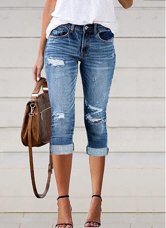 Jeans Capri para Mujer de Algodón Denim Elástico Con Agujeros