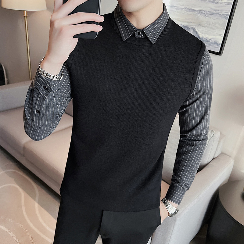 Fake Two-piece Sweater Men's Autumn and Winter New Striped Sleeve Shirt Collar Casual Knitwear Business Pullover Sweater Men's Wear