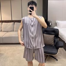 无袖背心男士冰丝睡衣套装夏季休闲宽松纯色条纹凉感家居服可外穿