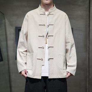 Chinese style men's linen buckle Tang suit men's long-sleeved shirt Chinese style plus size youth Chinese-style cotton and linen gown