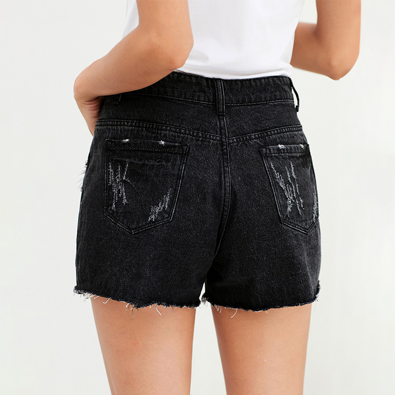 时颖欧美新款短裤女大码单排扣设计磨破毛边高腰显瘦破洞牛仔短裤