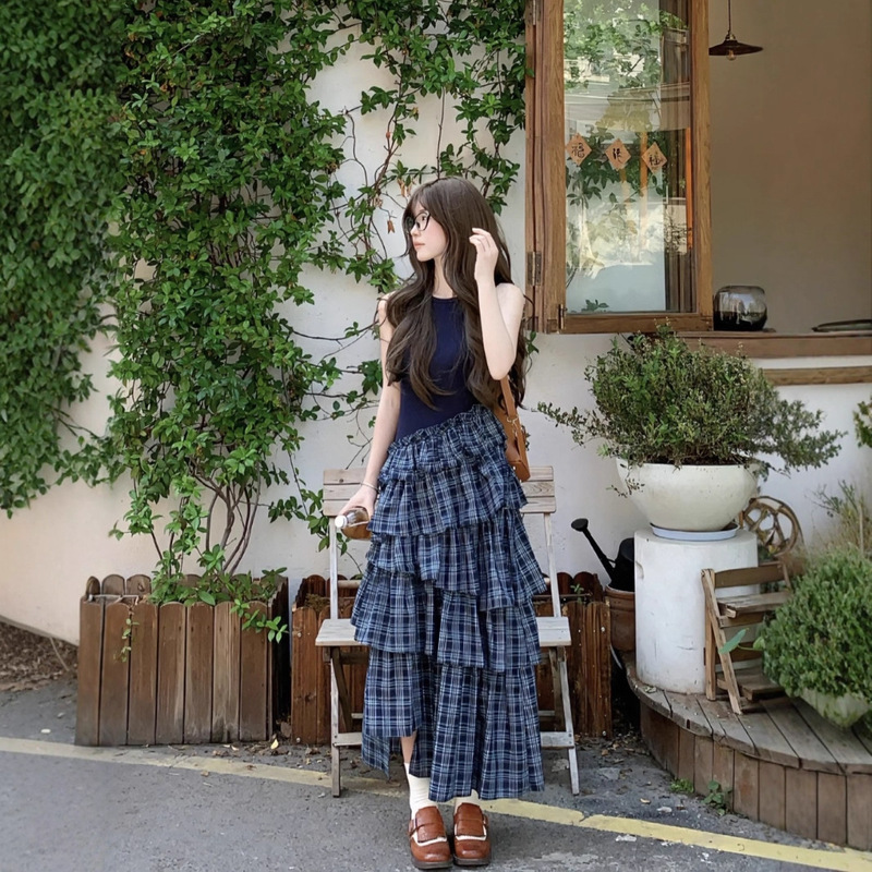 レトロチェック柄パッチワークベストドレス女性のための 2025 夏の新しいウエストデザイン偽ツーピースケーキスカート|undefined