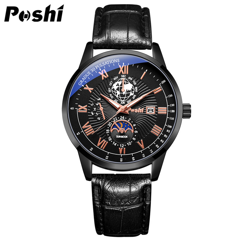 POSHI nuevo falso reloj de correa de calendario de negocios simple casual de tres ojos para hombres reloj de cuarzo para hombres