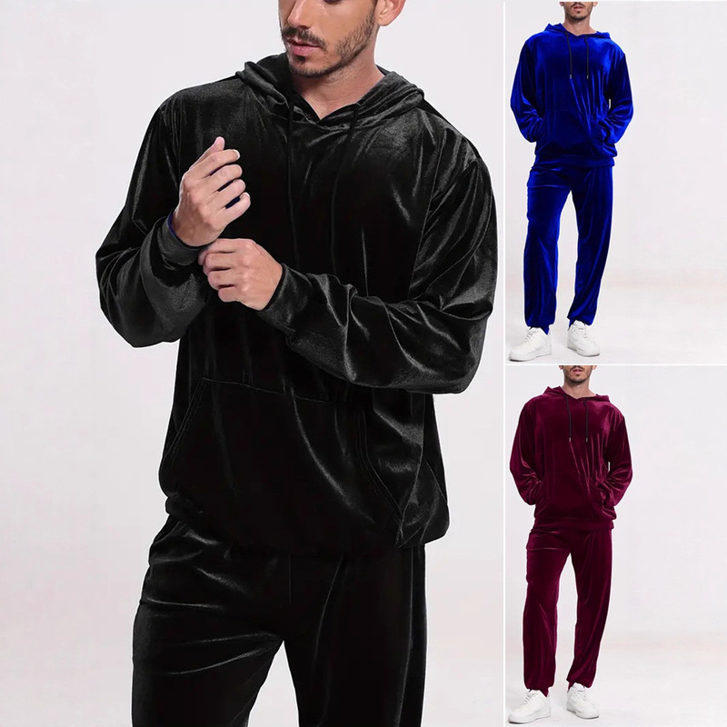 Amazon European and American Cross-Border Men's Solid Color Velvet Casual Suit Long-Sleeved Hooded Sweatshirt and Leggings Two-Piece Set