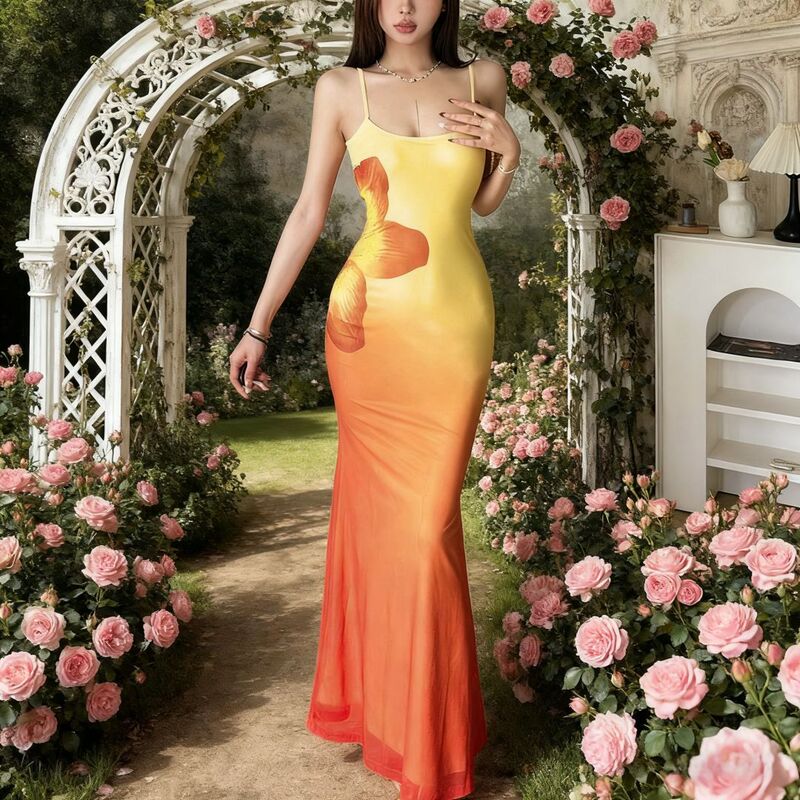 2025 Summer New Arrival Fresh Elegant Low-Cut Tight Waist Contrast Print Exposed Backpack Hip Suspender Dress