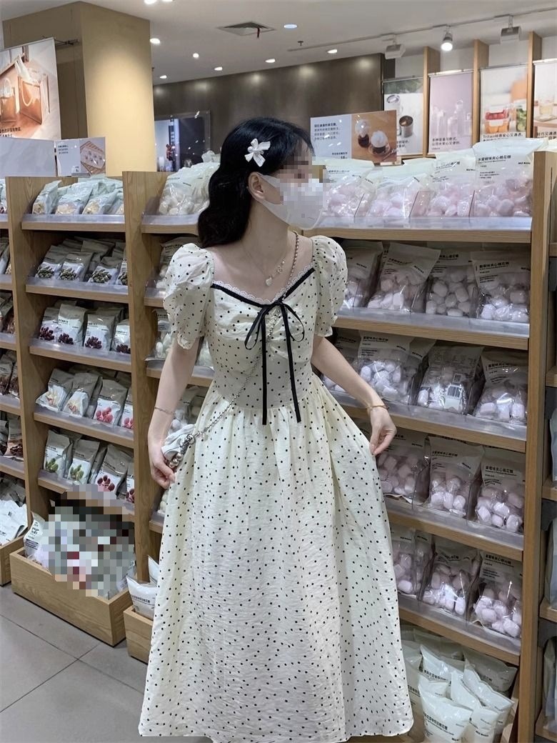 Váy maxi nữ chấm bi phong cách Pháp cổ điển, tay bồng, thắt eo, dài qua gối — Ưu tiên giao hàng tại cửa hàng chi tiết 4