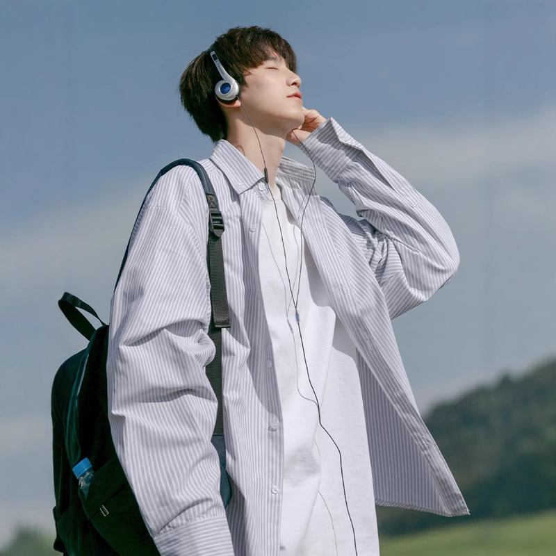 Japanese-Style Striped Long-Sleeve Shirt for Men and Women, Spring and Autumn Hong Kong Style, High-End Trendy Loose Casual Shirt Jacket Top