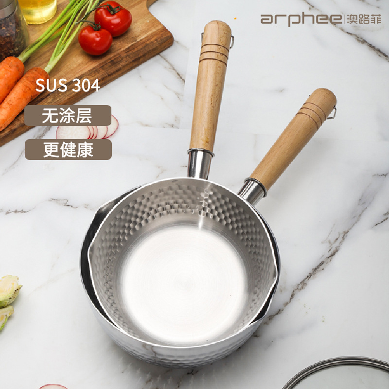 304 Stainless Steel Japanese-style Snow Pan Thickened Flat Bottom Soup Pot Uncoated Wooden Handle Milk Pot Household Baby Food Pot