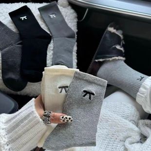 Autumn and Winter Socks Children's Cotton Middle Tube Bow High Waist Pile Ins Breathable Simple College Western Style Trendy Socks