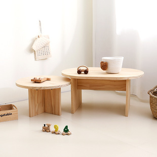 Can Sit on Kidsren's Learning Small Round Table Solid Wood Baby Handmade Toy Table Home Carpet Table Early Education Simple Oval Table