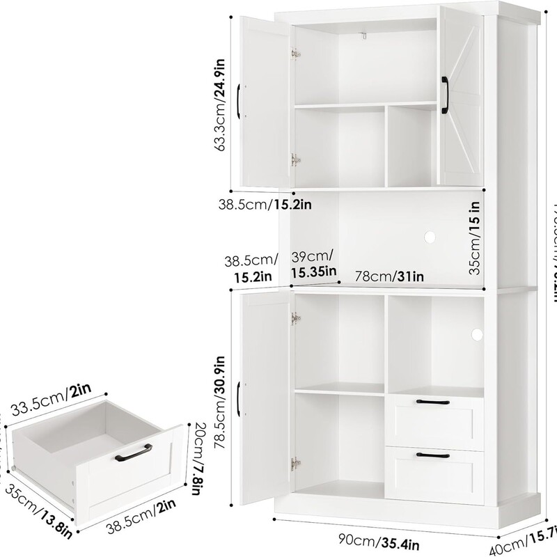 Tall Farmhouse Kitchen Cabinet with Drawers and Shelves, Kitchen Utensil Rod Cabinet with Barn Doors