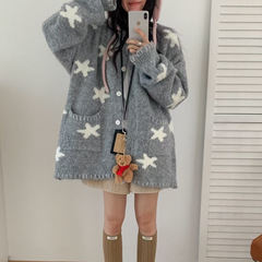 重工星星提花圈圈毛软糯毛衣女秋冬新款韩版宽松慵懒风针织外套厚