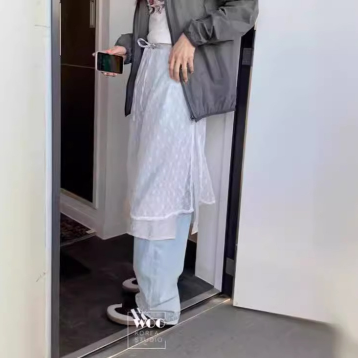 现货/2024春季新款韩国东大门时髦叠穿双层蕾丝花纹系带半身裙